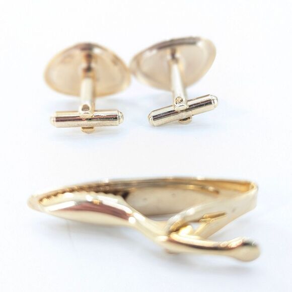 Men's Blue Gold Tone Marbled Wood Look Cufflinks and Tie Tack Set - Picture 2 of 4